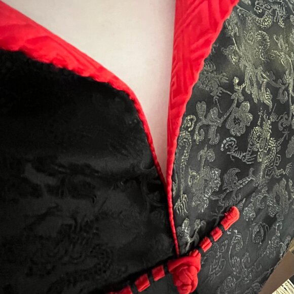 Women's Jacket Top Blazer Asian Chinese Jacquard Satin Black and Red Sz S-M - Picture 5 of 8